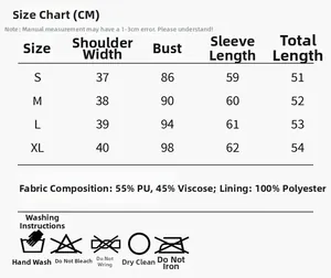 Size chart and fabric details for women's retro motorcycle riding jacket in CM