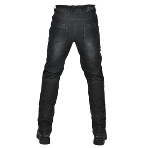 Vue arrière du jean de moto noir avec empiècements extensibles en accordéon et étiquette cuir