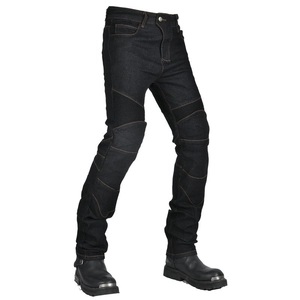 Detail of motorcycle jeans with accordion stretch panels and orange contrast stitching
