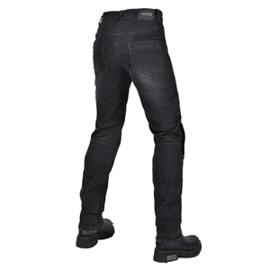 Détails du jean de moto avec panneaux extensibles en accordéon à la taille et aux genoux