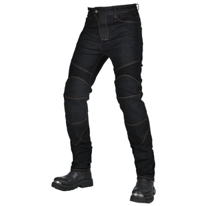 Close-up of flexible accordion panels and protective knee padding on motorcycle jeans