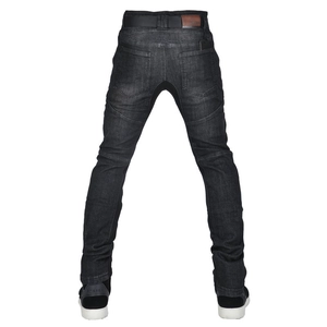 Detail of motorcycle jeans featuring accordion panels on back and slim fit washed denim