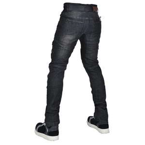 Rear view of motorcycle denim jeans with protective accordion pleats and tactical belt