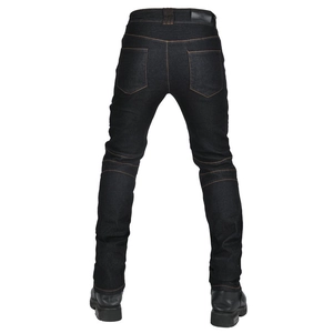 Detail view of motorcycle jeans featuring rear stretch panels and reinforced stitching