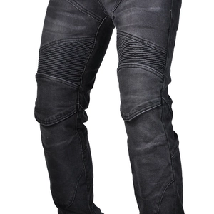 Detail view of motorcycle jeans with protective knee accordion panels in dark grey