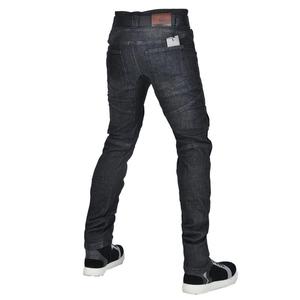 Men's protective motorcycle jeans with flexible knee panels and reinforced denim fabric
