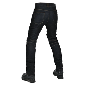 Retro stretch motorcycle racing jeans in deep indigo denim with protective knee padding
