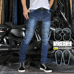 Men Motorcycle Riding Jeans Protective Breathable Washed Denim Splicing Slim Fit Pants With Removable Guards Outdoor Gear