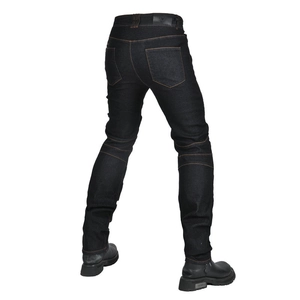 Rear view of dark denim motorcycle jeans featuring elastic waist panels and protective knee stitching