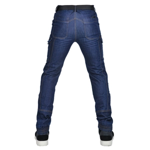 Vue arrière du jean moto cargo bleu marine avec ceinture tactique et chevilles élastiques