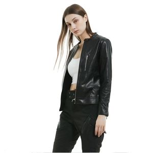 Women's slim fit black motorcycle leather jacket with stand collar and zipper detail