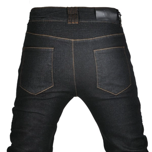 Men's motorcycle denim pants with stretch panels and orange contrast stitching