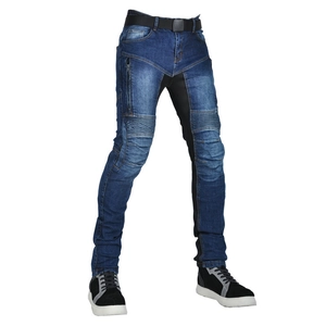Deep blue motorcycle jeans with mesh panels and protective knee accordion stretch design