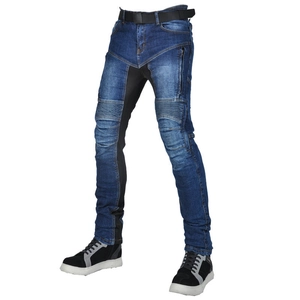 Detail of motorcycle jeans showing stretch panels and reinforced abrasion-resistant fabric