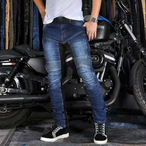 Men's motorcycle jeans in dark blue with protective mesh and accordion knee panels