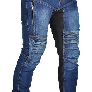 Detail of motorcycle jeans featuring blue denim with protective mesh panels and pleated knees