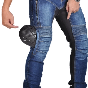 Close-up of motorcycle jeans featuring mesh panels and honeycomb protective knee pads