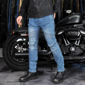 Slim fit light blue motorcycle riding jeans with knee pads and stretch panels on bike