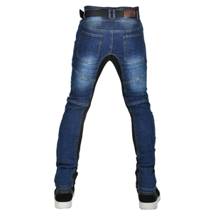 Rear view of motorcycling jeans with protective stretch panels and logo leather patch