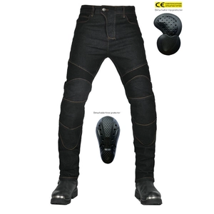 Black motorcycle protective denim jeans with CE certified armor and stretch panels