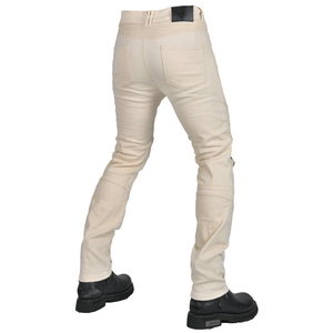 Vue arrière du jean moto blanc cassé avec panneaux extensibles et écusson en cuir