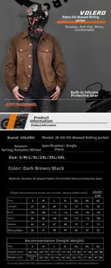 Size chart for vintage wax cotton motorcycle jacket with detailed body measurements