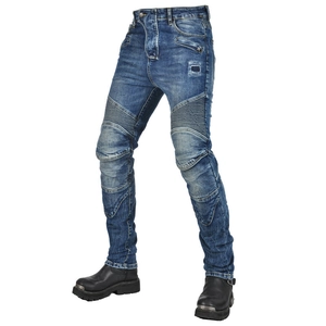 Men's retro blue washed motorcycle jeans with protective knee stretch panels and slim fit