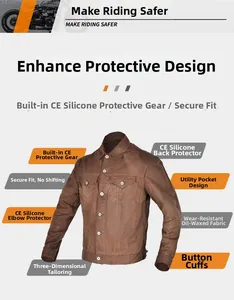 Detail of oil wax motorcycle jacket featuring built-in CE protectors and 3D cutting