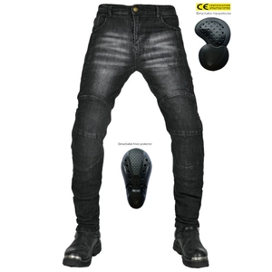 Detail of CE certified removable knee and hip armor pads for motorcycle riding jeans