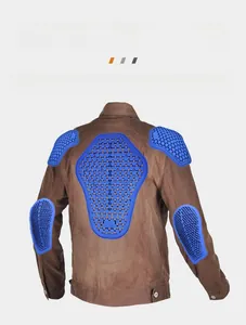 Detail view of motorcycle jacket with blue removable safety padding on shoulders and back