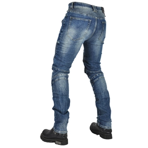 Detail of motorcycle jeans showing accordion stretch panels on waist and knees for flexibility