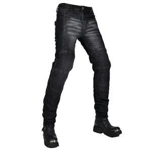 Detail of reinforced ribbed stretch panels on knees of motorcycle riding jeans