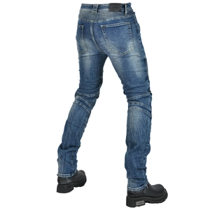 Detailed back view of motorcycle jeans featuring flexible stretch panels and slim fit denim