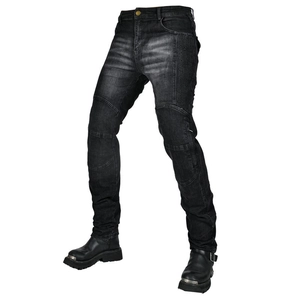 Retro motorcycle riding jeans for men in black denim with protective knee padding inserts