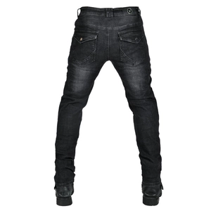 Rear view of black motorcycle jeans showing flexible accordion panels and flap pockets