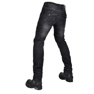 Men's motorcycle riding jeans in black washed denim with flexible stretch panels at back