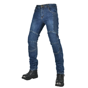 Men's deep blue motorcycle riding jeans with protective accordion stretch panels and slim fit