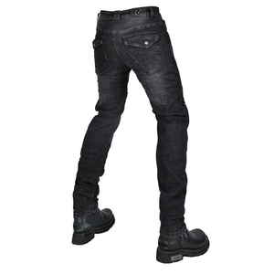 Detail view of motorcycle jeans featuring reinforced knee pads and flap back pockets