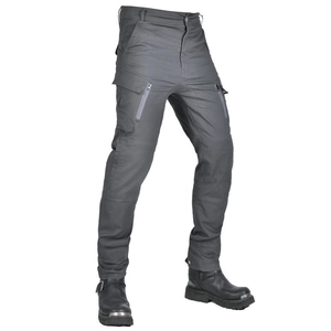 Detail view of motorcycle cargo pants featuring reinforced side pockets and zipper accents