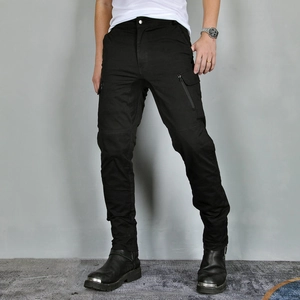 Men's black cargo motorcycle riding pants with side zipper pockets and tapered slim fit