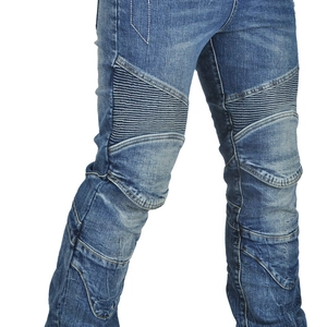 Detail of accordion stretch panels and protective armor pockets on biker denim jeans