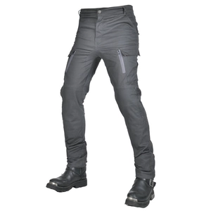 Men's dark grey motorcycle pants with tactical side pockets and reinforced knee panels