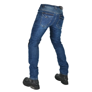 Men's retro motorcycle jeans in dark wash denim with protective knee padding and stretch panels