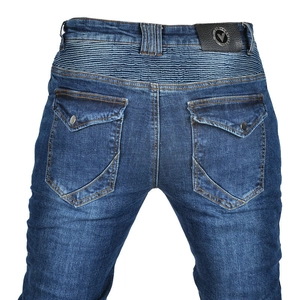 Macro view of motorcycle jeans with pleated waist design and cargo back pockets