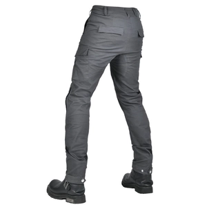 Slim-fit grey motorcycle cargo pants with protective side pockets and biker boots