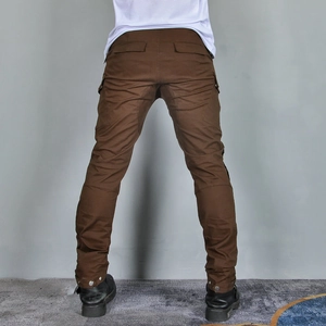 Brown retro motorcycle cargo pants with slim fit cut and protective rear pockets