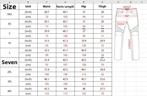 Detailed size chart for men's vintage motorcycle jeans with measurements in inch and cm
