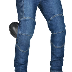 Deep blue motorcycle riding jeans with protective knee pads and ergonomic stretch panels