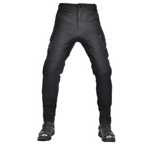 Detail of black tactical motorcycle cargo pants with multi-pocket and zipper design