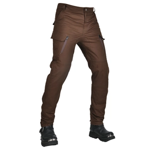 Brown protective motorcycle cargo pants with tactical zipper pockets and durable fabric